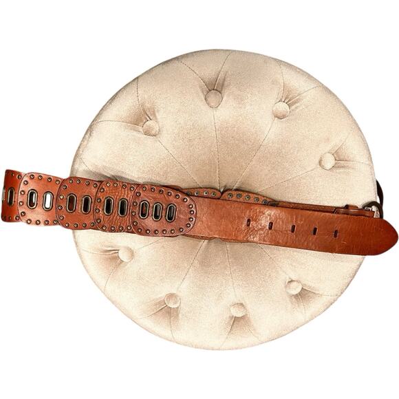 FOSSIL Brown Genuine Leather Boho Belt Cutouts Bronze Metal Studs Size M Women’s main image 12